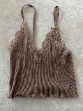 Lace-Trim Ribbed Cami Tank Top - Taupe